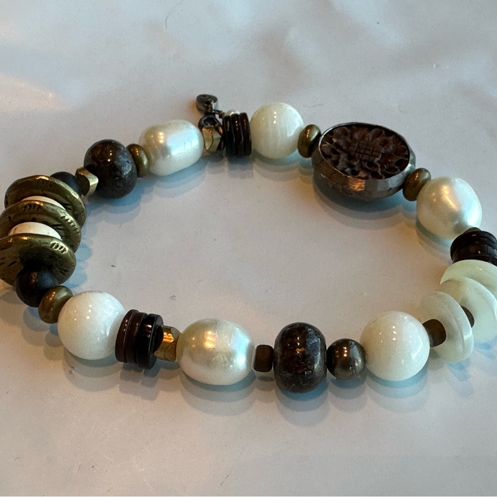 Silpada Pearl Bronzite Howlite Brads Sterling Silver Stretch Bracelet B1989